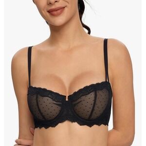 NEW Black Lace Swiss Dot Demi Sheer Bra Size 34A‎ Lingerie Intimates